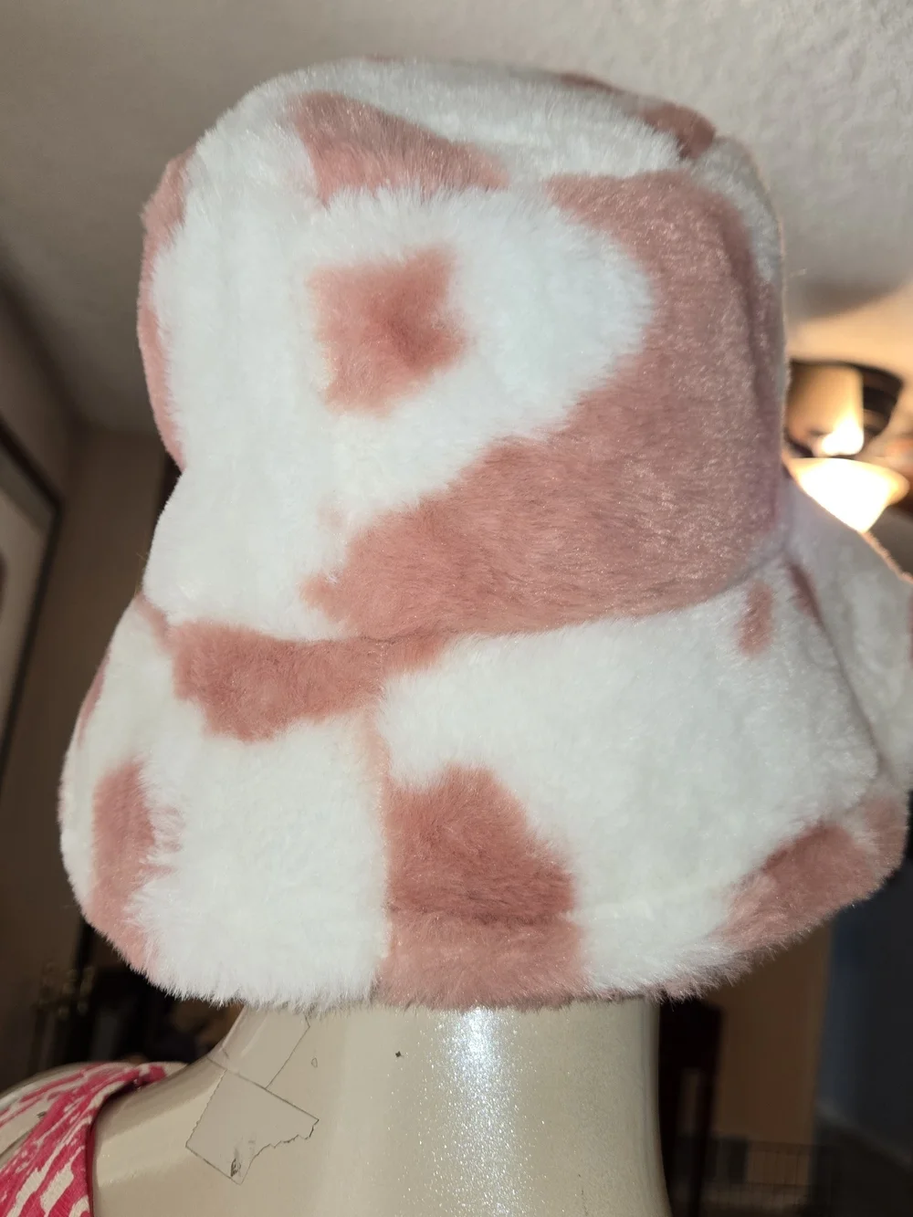 Pink White Cow Print Faux Fur Bucket Hat Plush Y2K Festival